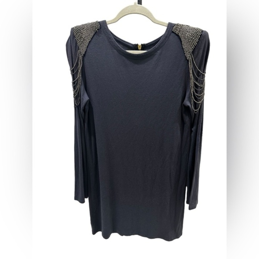 T-Bag Los Angeles Gray Beaded Shoulder Long Sleeve T-Shirt Mini Dress